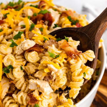 Wooden spoon with Chicken Bacon Ranch Pasta