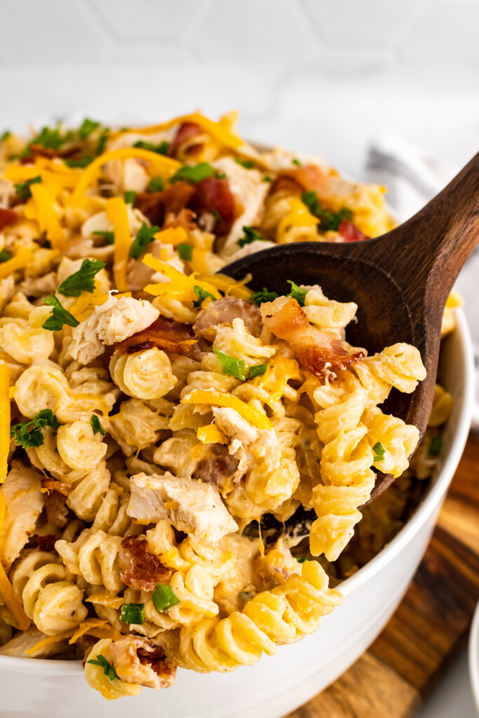 Wooden spoon with Chicken Bacon Ranch Pasta