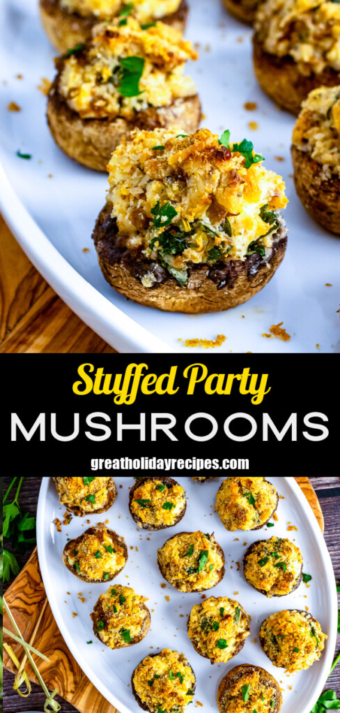 2 images of Stuffed Party Mushrooms for Pinterest.