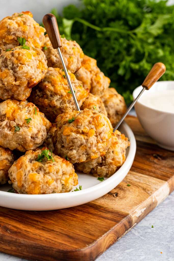 Cream Cheese Sausage Balls served on a white platter for appetizers.