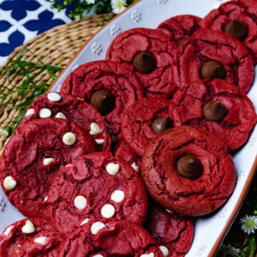 White platter with 2 kinds of Red Velvet Cake Mix cookies with white and milk chocolate.