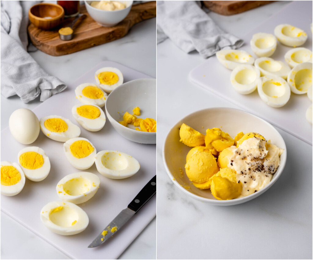 Making creamy deviled eggs is simple with just mayonnaise, salt, pepper and mustard.