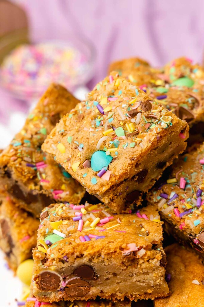 Mini egg cookie bars loaded with chocolate and sprinkles are the ultimate fun Easter treat!