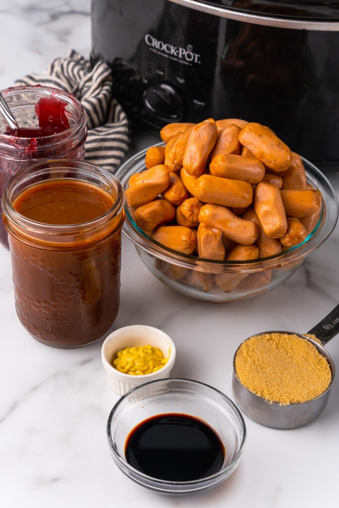 Ingredients for Brown Sugar Little Smokies include barbecue sauce, brown sugar, mustard and Worcestershire sauce.